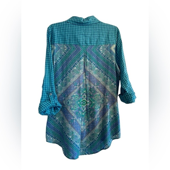 Multiples Paisley & Blue Linen Checkered Button Down Casual Blouse Womens Medium - Picture 4 of 17